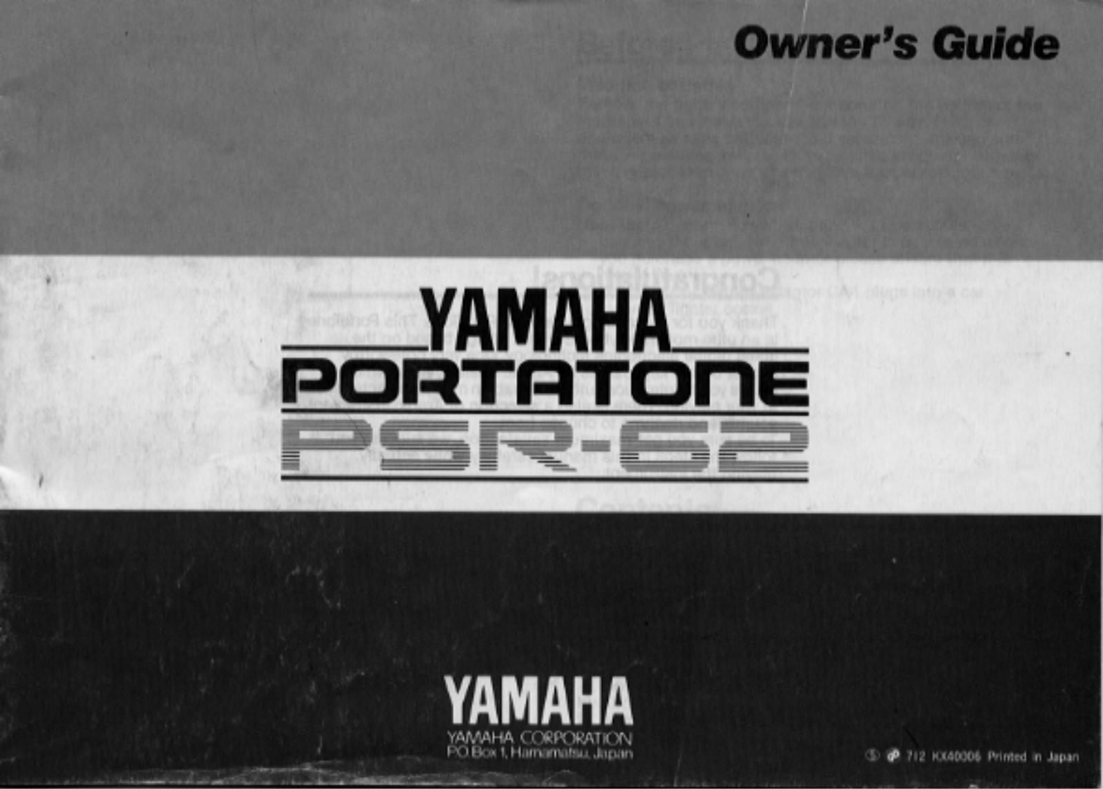 Yamaha PSR-62 Owner's Manual