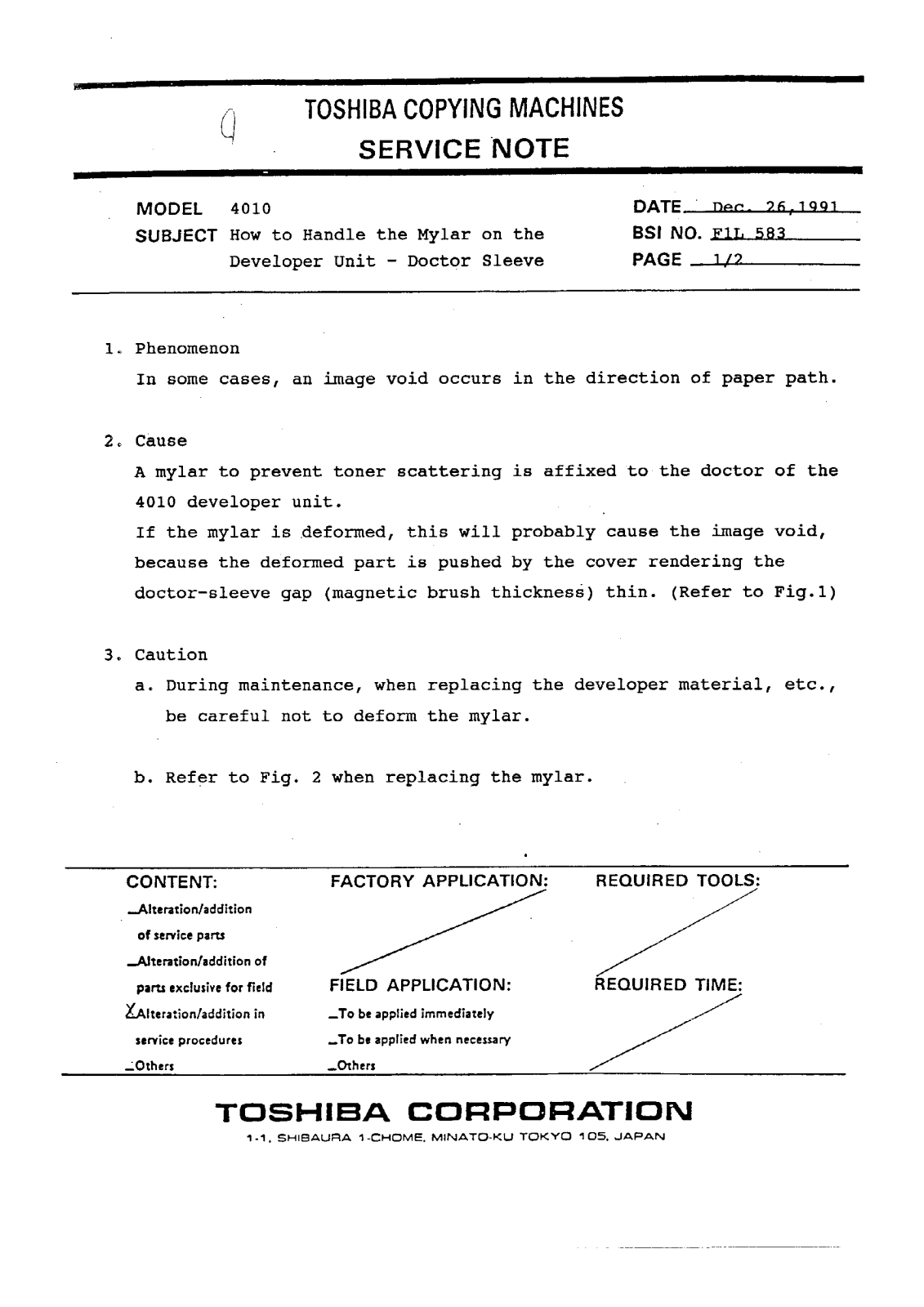 Toshiba f1l583 Service Note