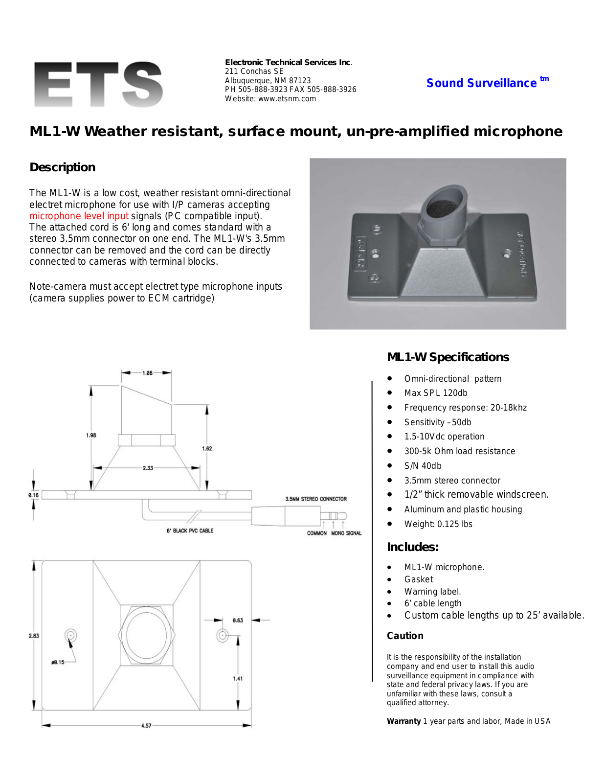 ETS ML1-W Specsheet