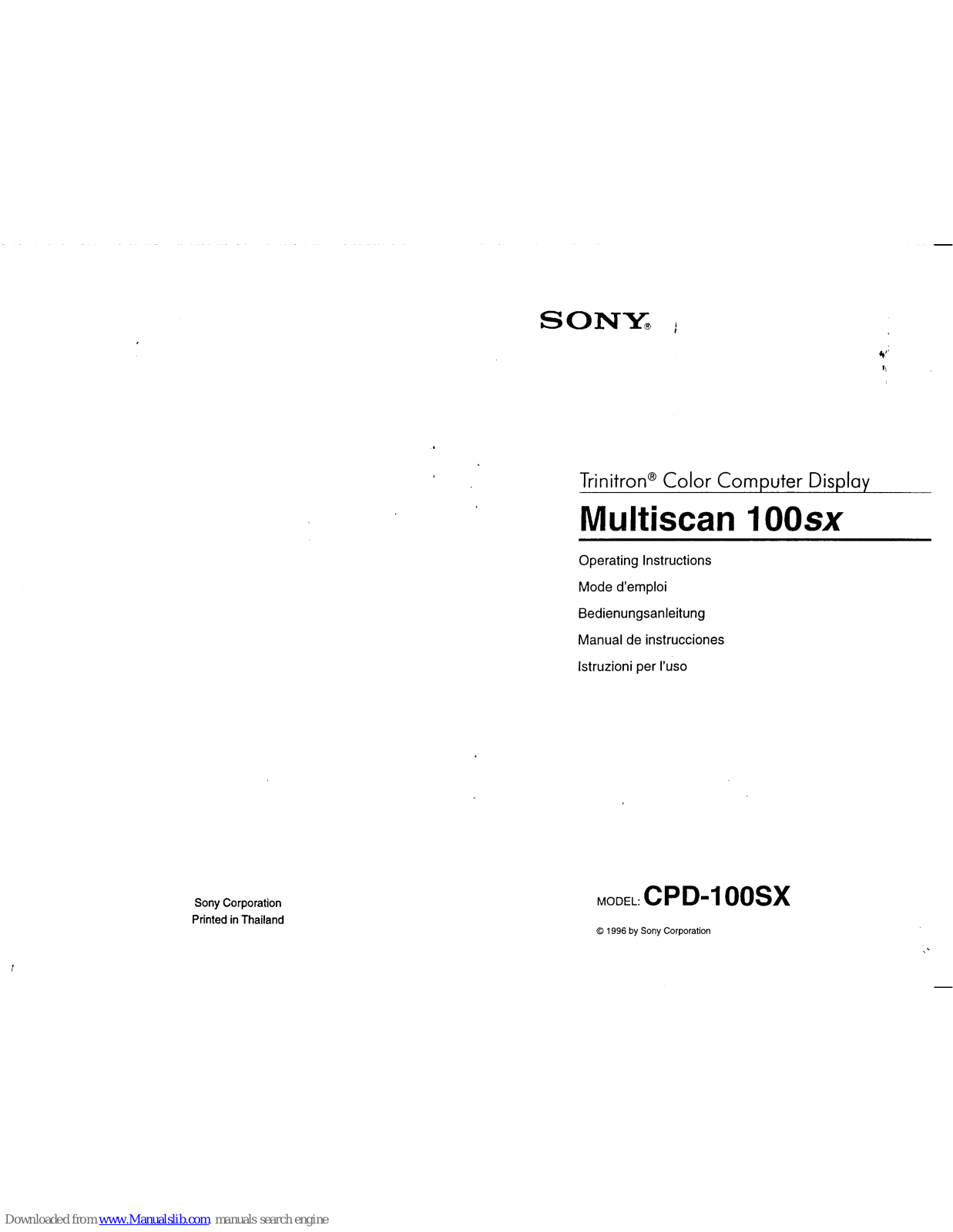 Sony CPD-100SX Operating Instructions (primary manual), Multiscan 100sx Operating Instructions Manual