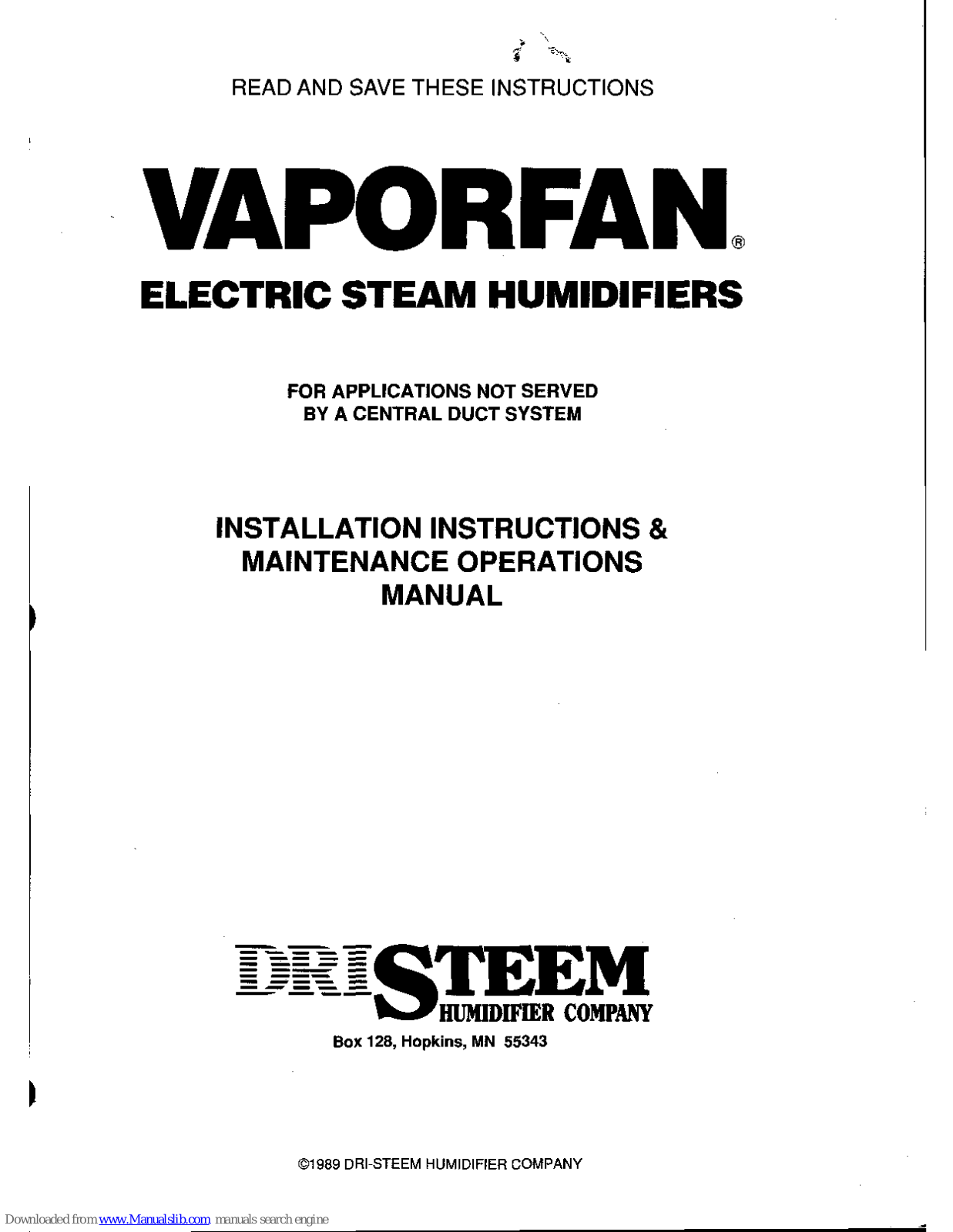 DriSteem VAPORFAN Installation Instructions & Maintenance Operations Manual