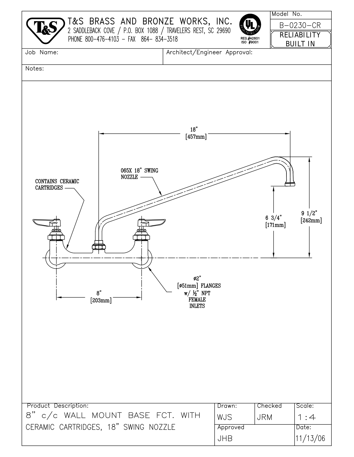 T & S Brass & Bronze Works B-0230-CR General Manual