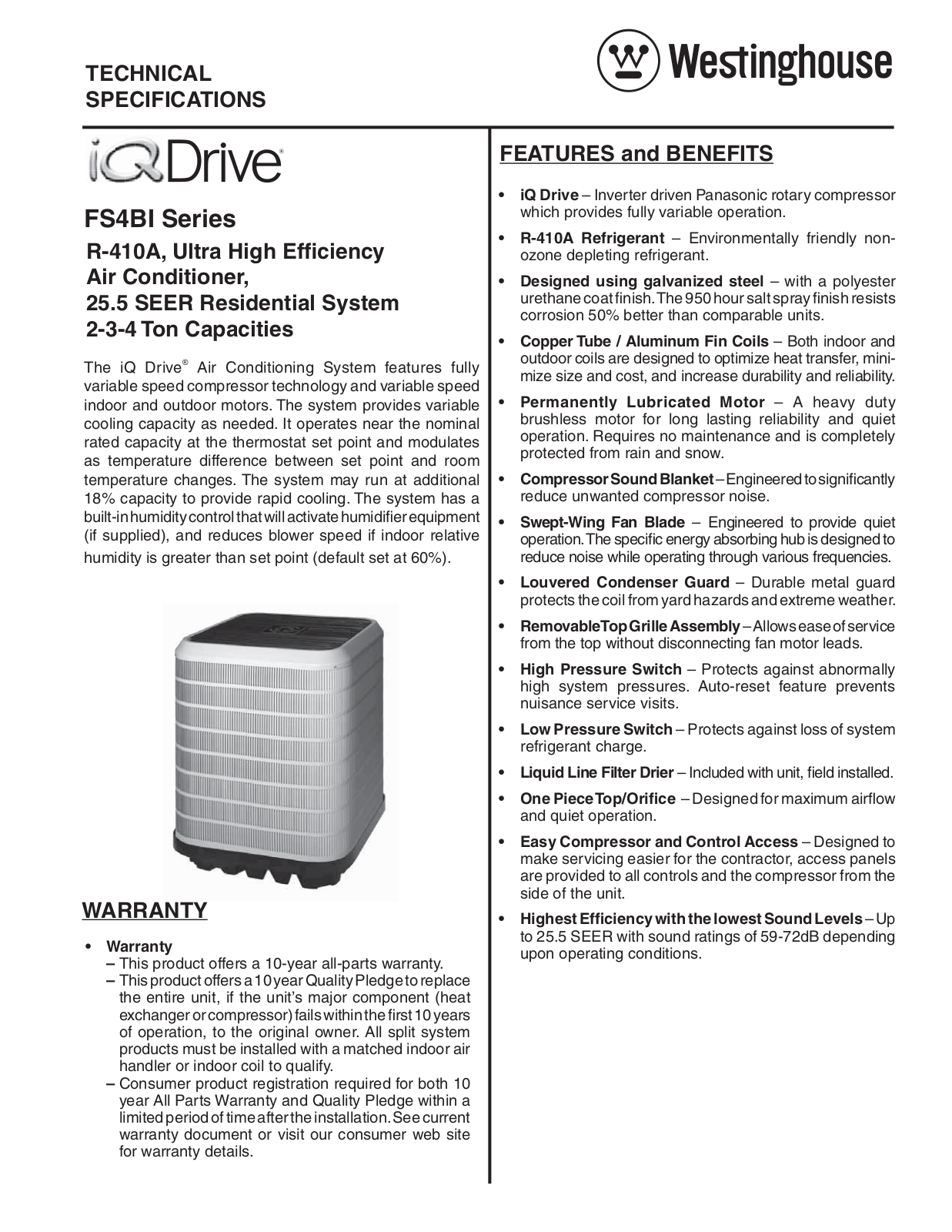 Westinghouse up to 25.5 SEER iQ Drive Technical Literature