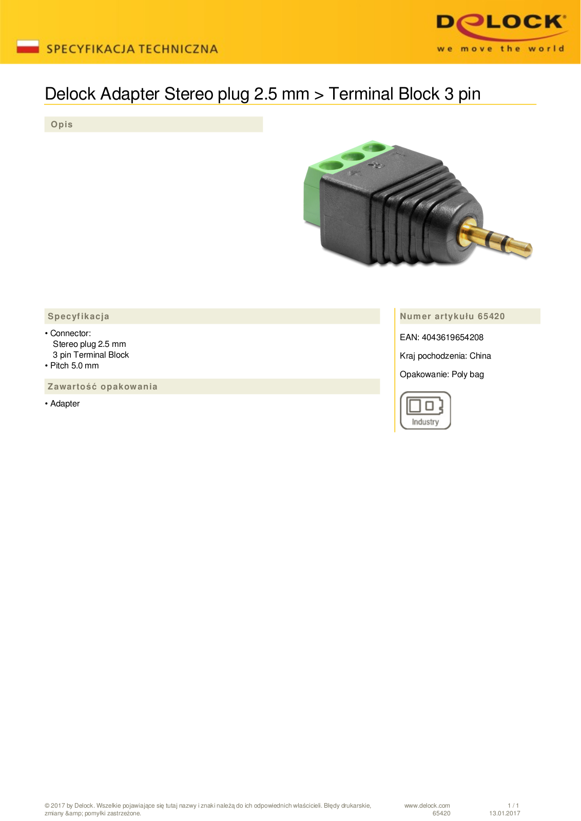 DeLOCK 2.5mm jack on 3-Pin-Terminalblock adapter User Manual