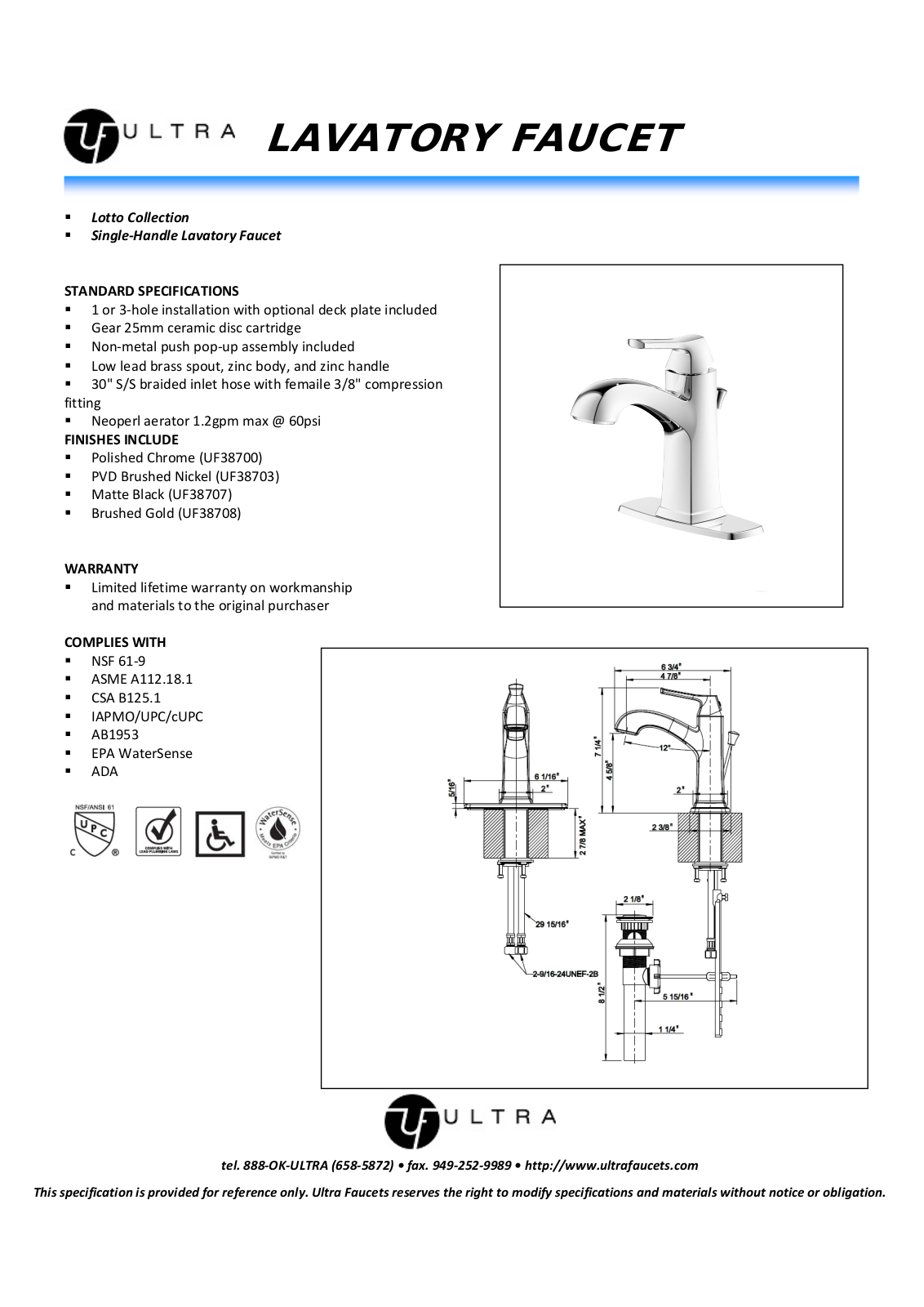 Ultra Faucets LTR10131 Specifications - ManualMachine.com