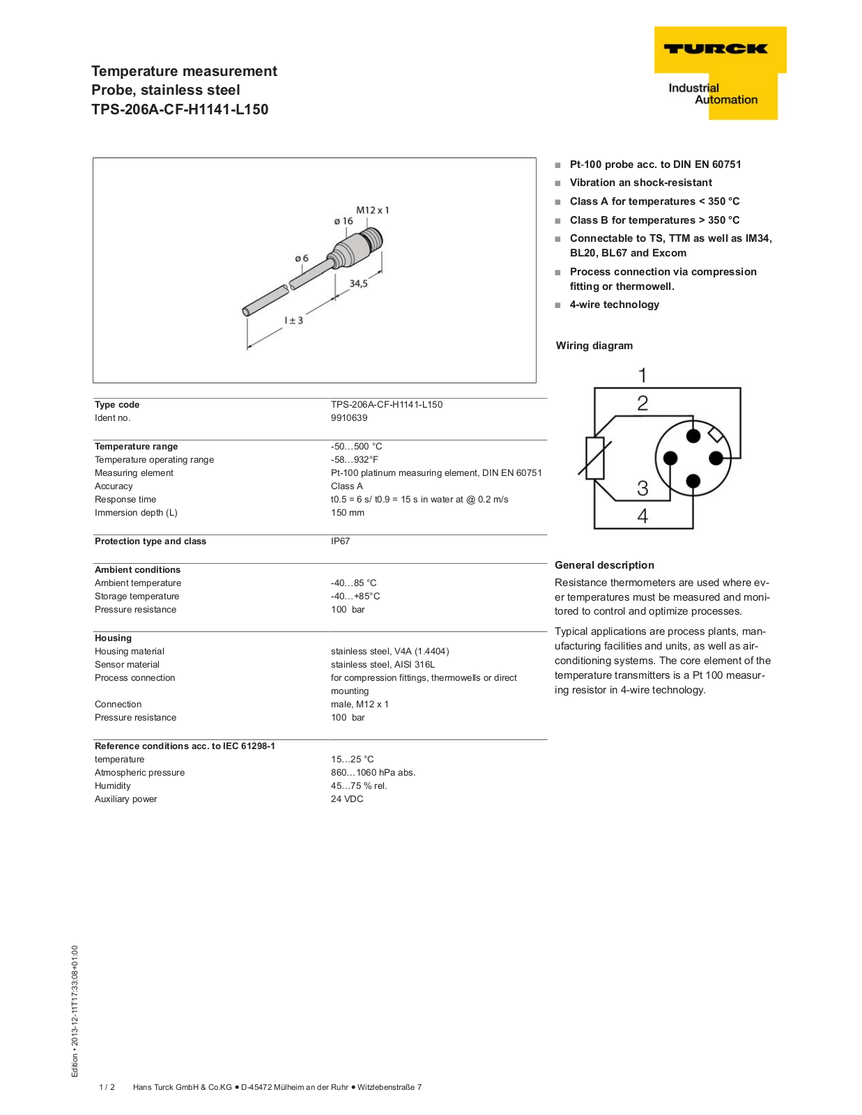 Turck TPS-206A-CF-H1141-L150 Data Sheet