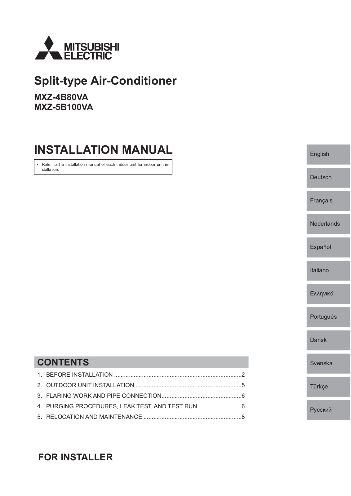 Mitsubishi MXZ-4B80VA, MXZ-5B100VA Installation Manual