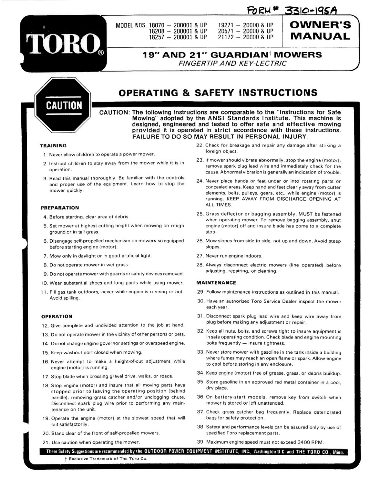 Toro 18070, 18208, 18257, 19271, 20571 Operator's Manual