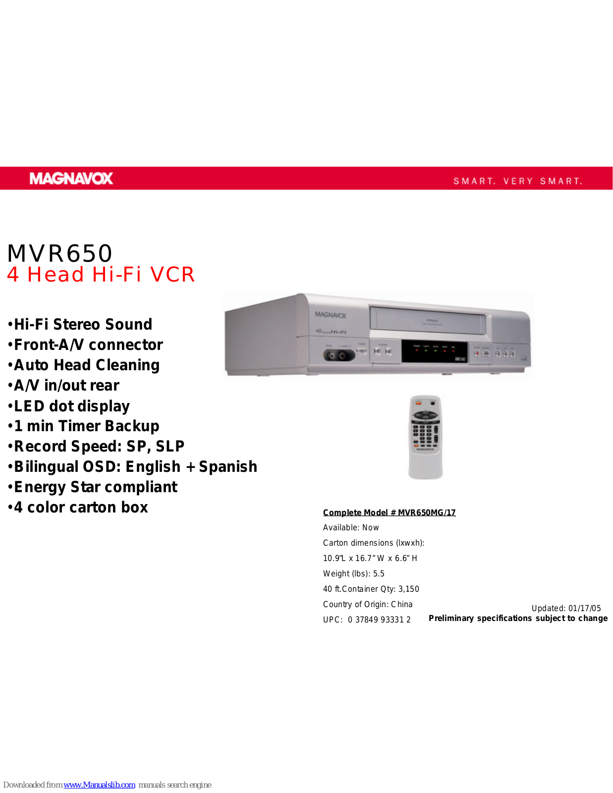 Magnavox MVR650MG, MVR650MG/17 Specifications