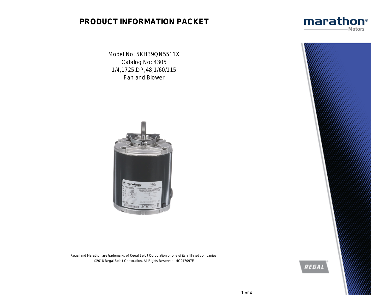 Marathon Electric 5KH39QN5511X Product Information Packet