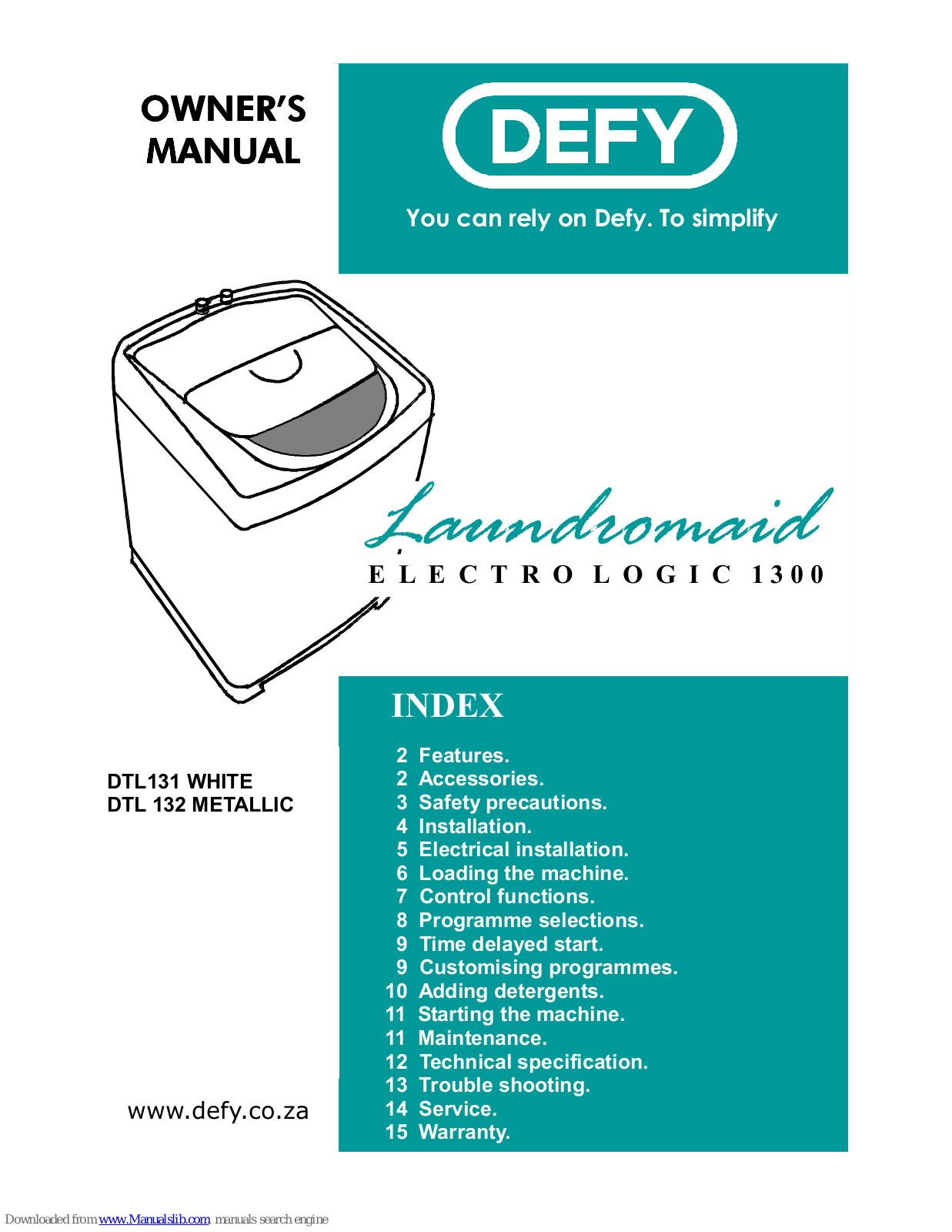 Defy Laundromaid Electro Logic 1300 DTL131, Laundromaid Electro Logic 1300 DTL 132 Owner's Manual