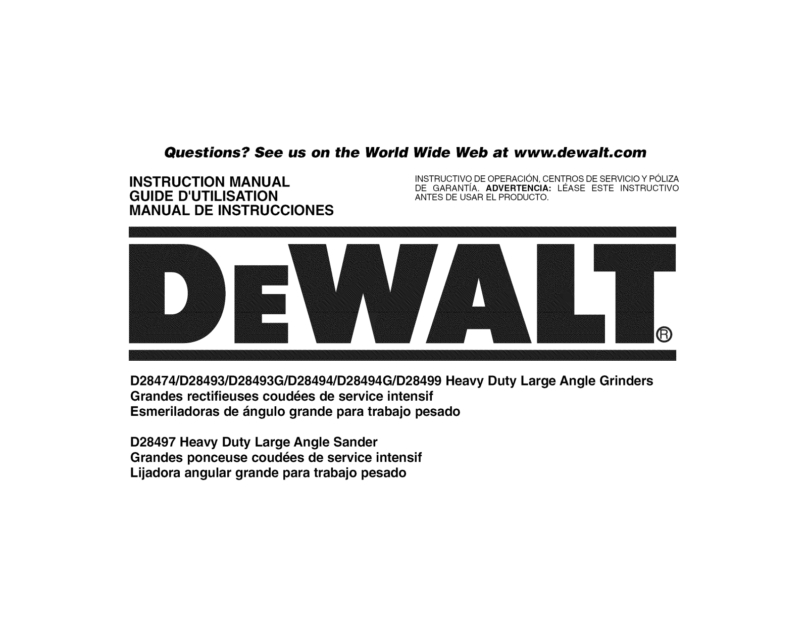 DeWalt D28474W TYPE3, D28499X TYPE 2, D28499X TYPE 1, D28474W TYPE2 Owner’s Manual