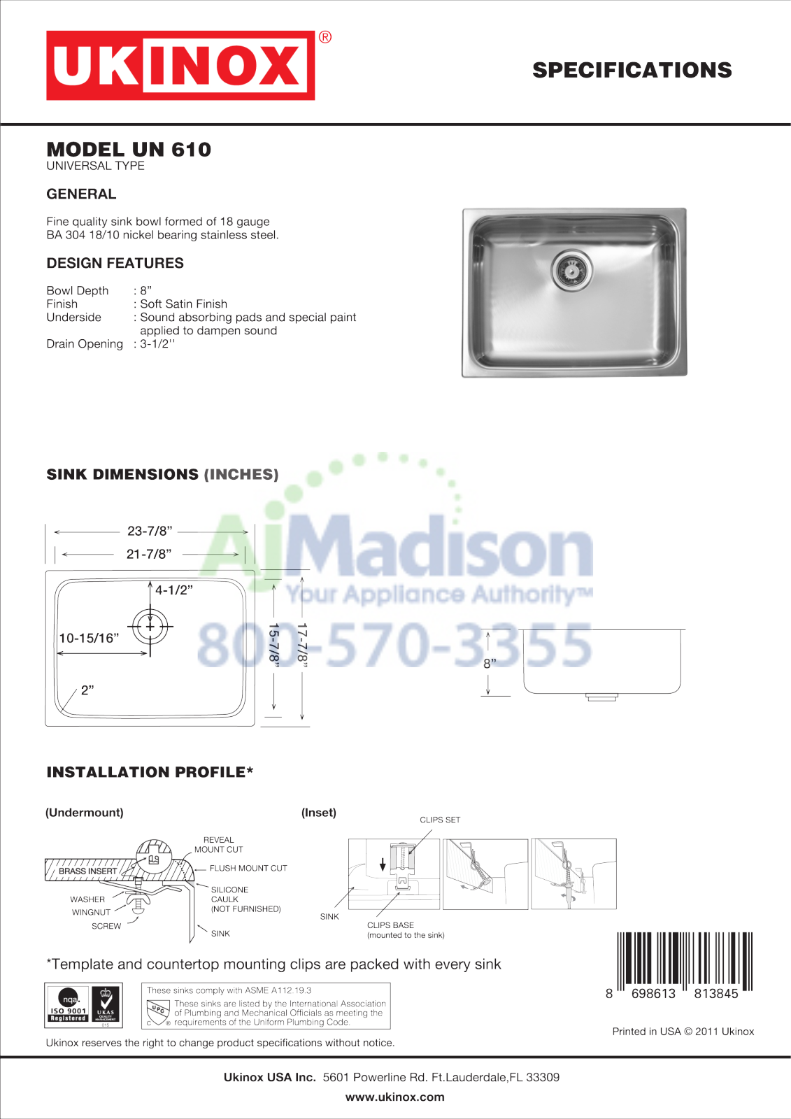 Ukinox UN6108 Specs