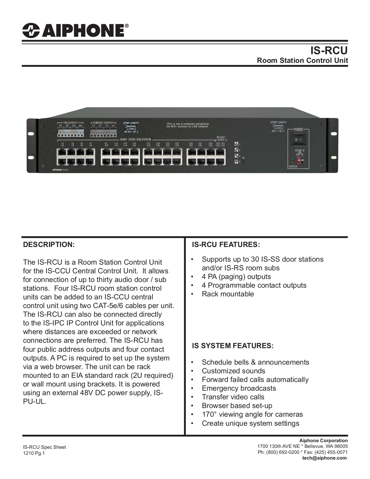 Aiphone IS-RCU Specsheet