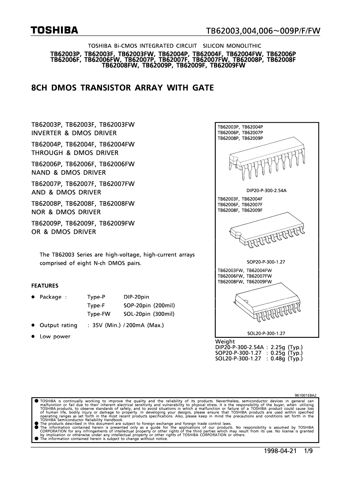 Toshiba TB62009F, TB62006FW, TB62004FW Datasheet