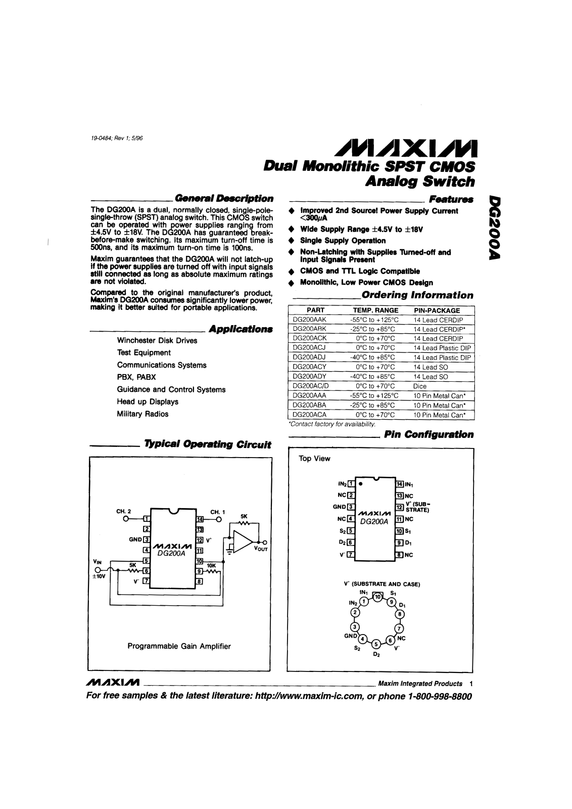 Maxim Integrated Producs DG200ADY, DG200ADJ, DG200ACY, DG200ACK, DG200ACJ Datasheet