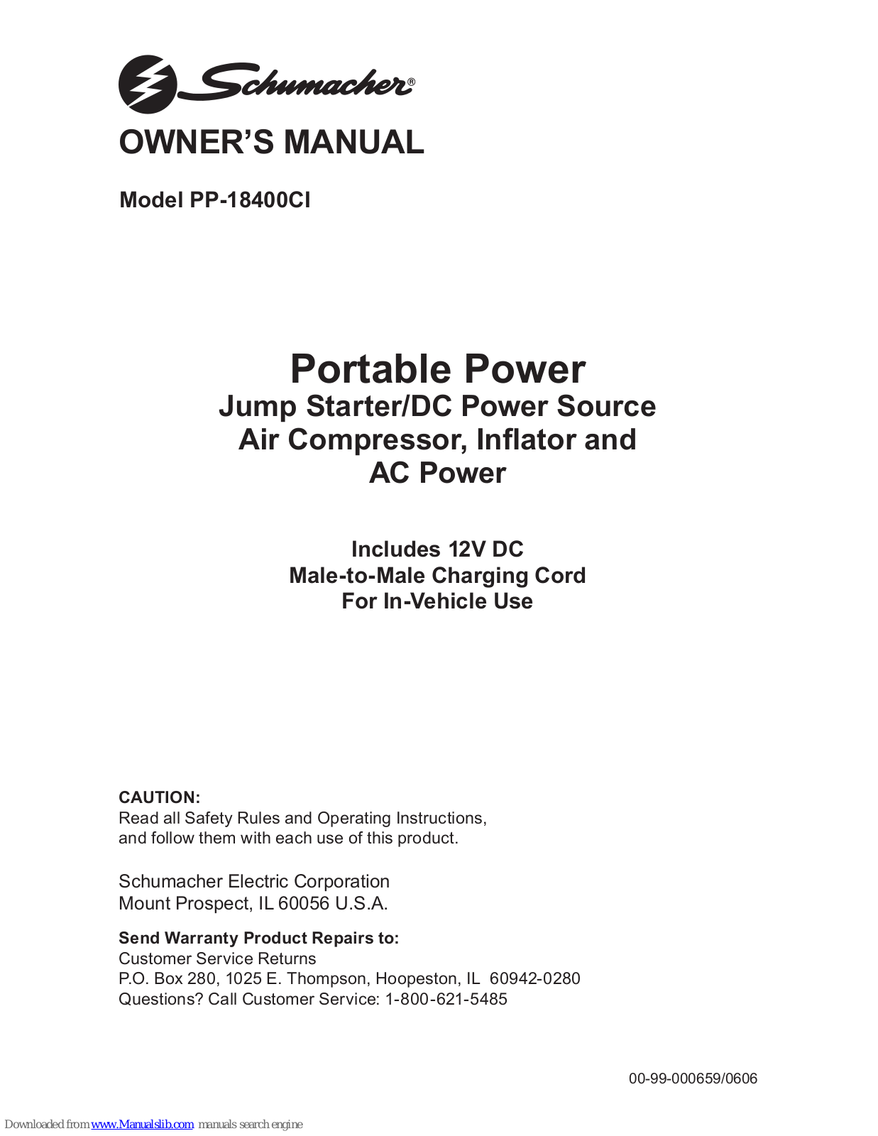 Schumacher 00-99-000659,00-99-000659/0606,94026879,Portable Power PP-18400CI Owner's Manual