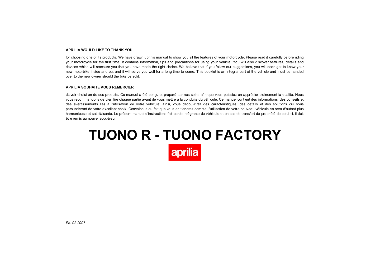 Aprilia TUONO R User Manual 02-2007