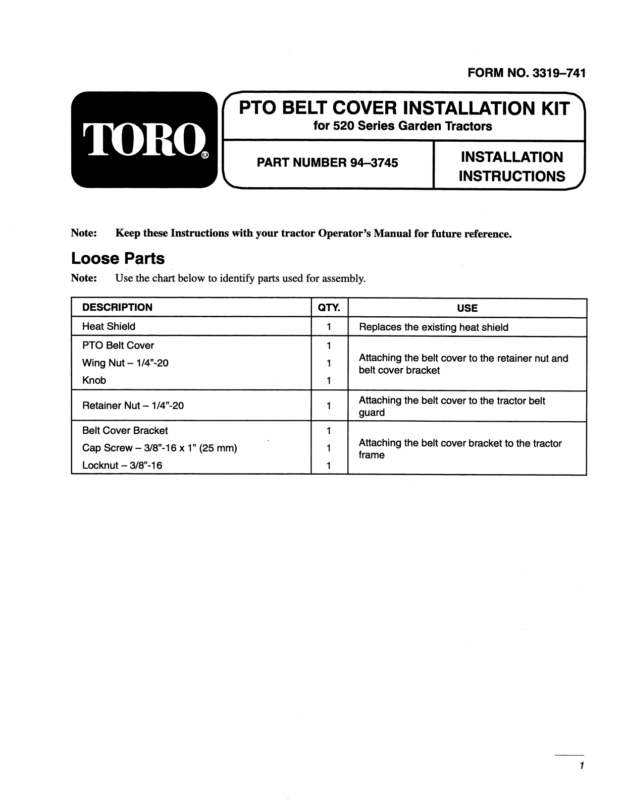 Toro 94-3745 Installation Instructions