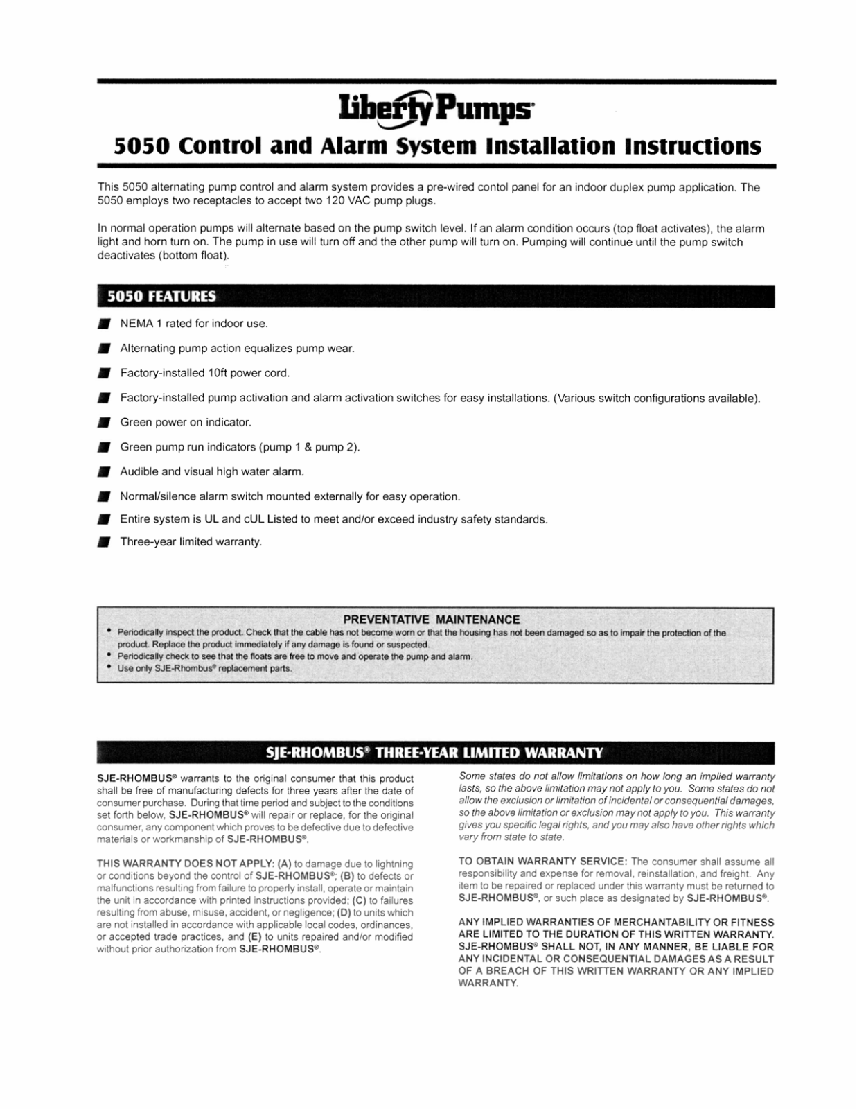 Liberty Pumps 5050 Installation Manual