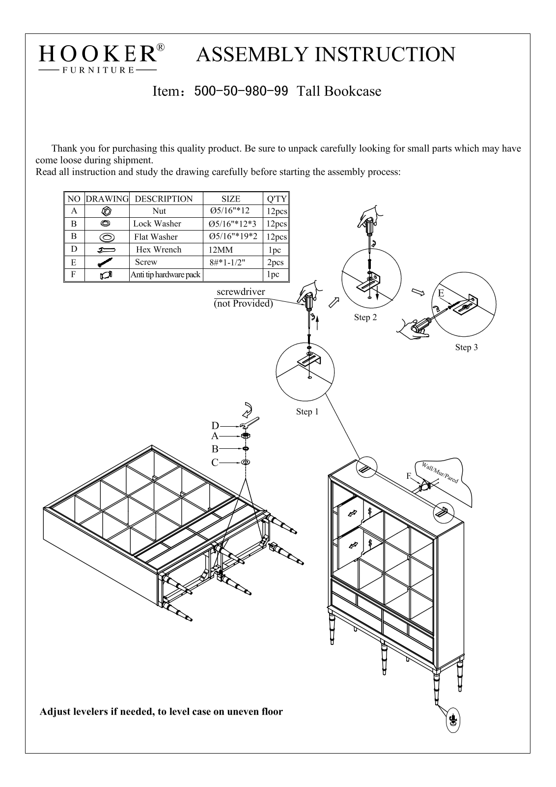 Hooker Furniture 5005098099 Assembly Guide