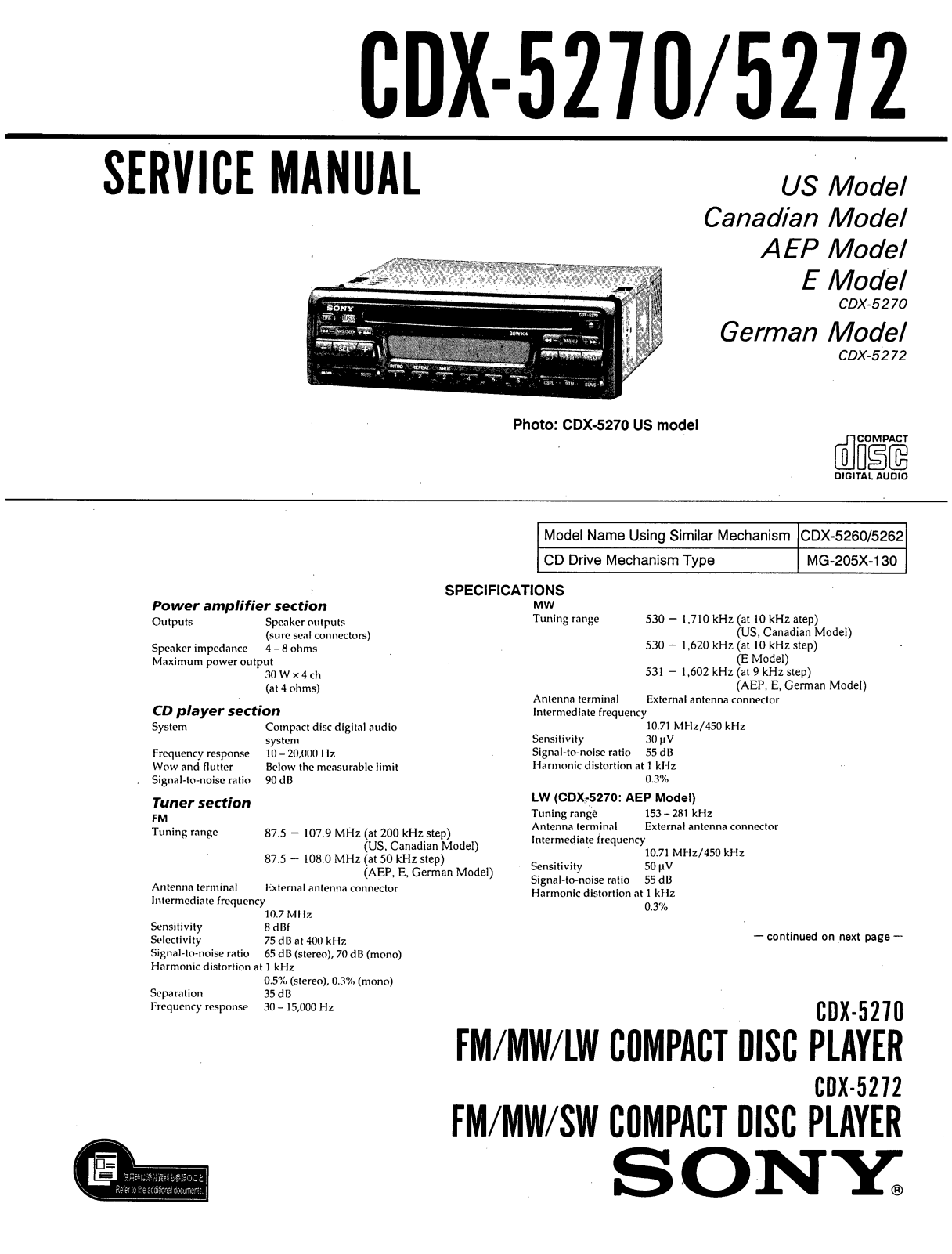 Sony CDX-5272, CDX-5270 Service manual