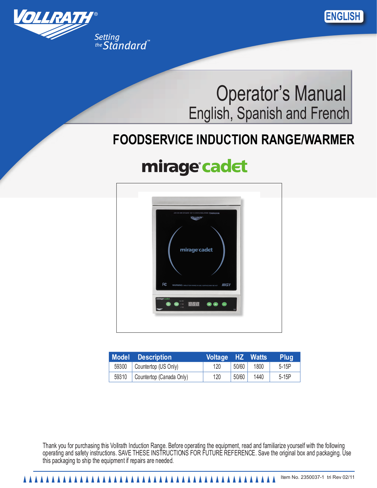 Vollrath 59300, 59310, Mirage Cadet 59300, Mirage Cadet 59310 Operator's Manual