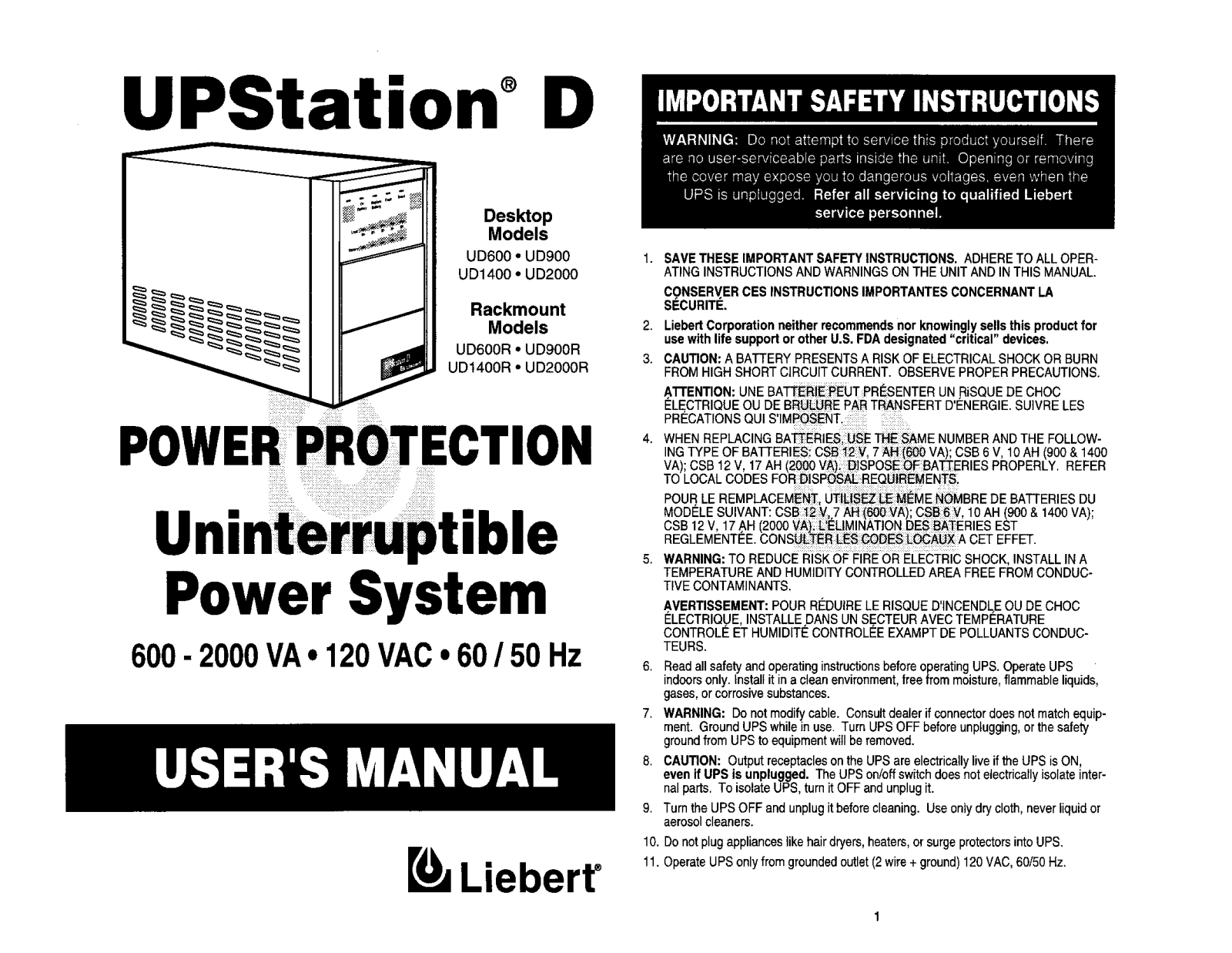 Liebert UD2000, UD1400R, UD600, UD900, UD600R User Manual