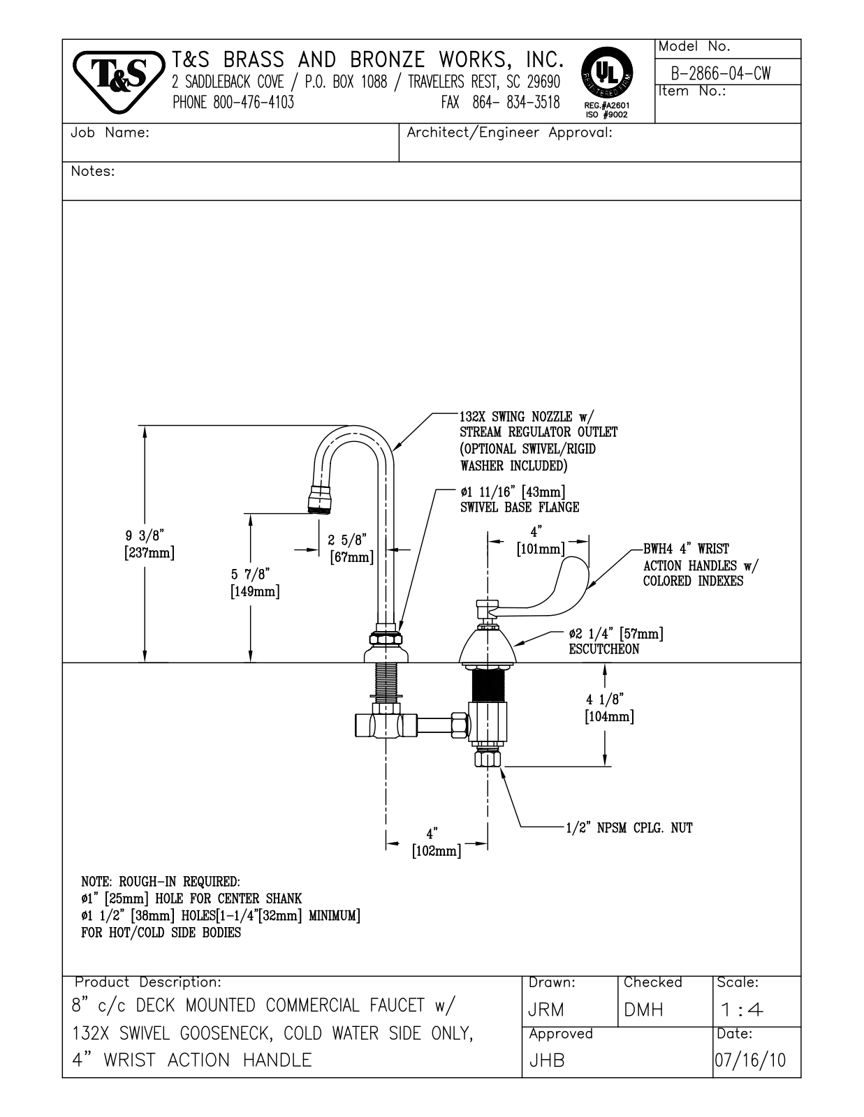 T&S Brass Manuals B-2866-04-CW User Manual