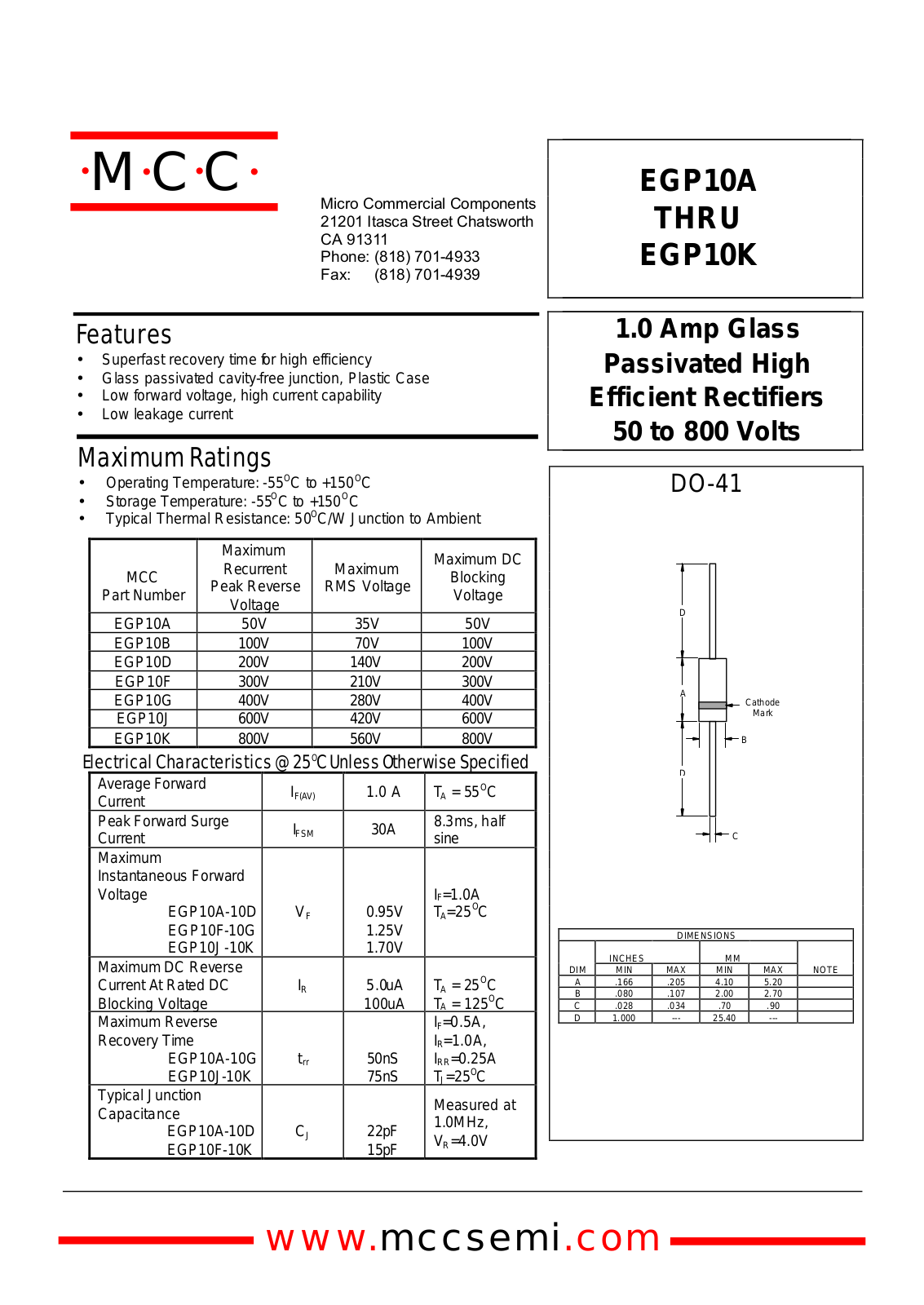 MCC EGP10K, EGP10J, EGP10B, EGP10A Datasheet