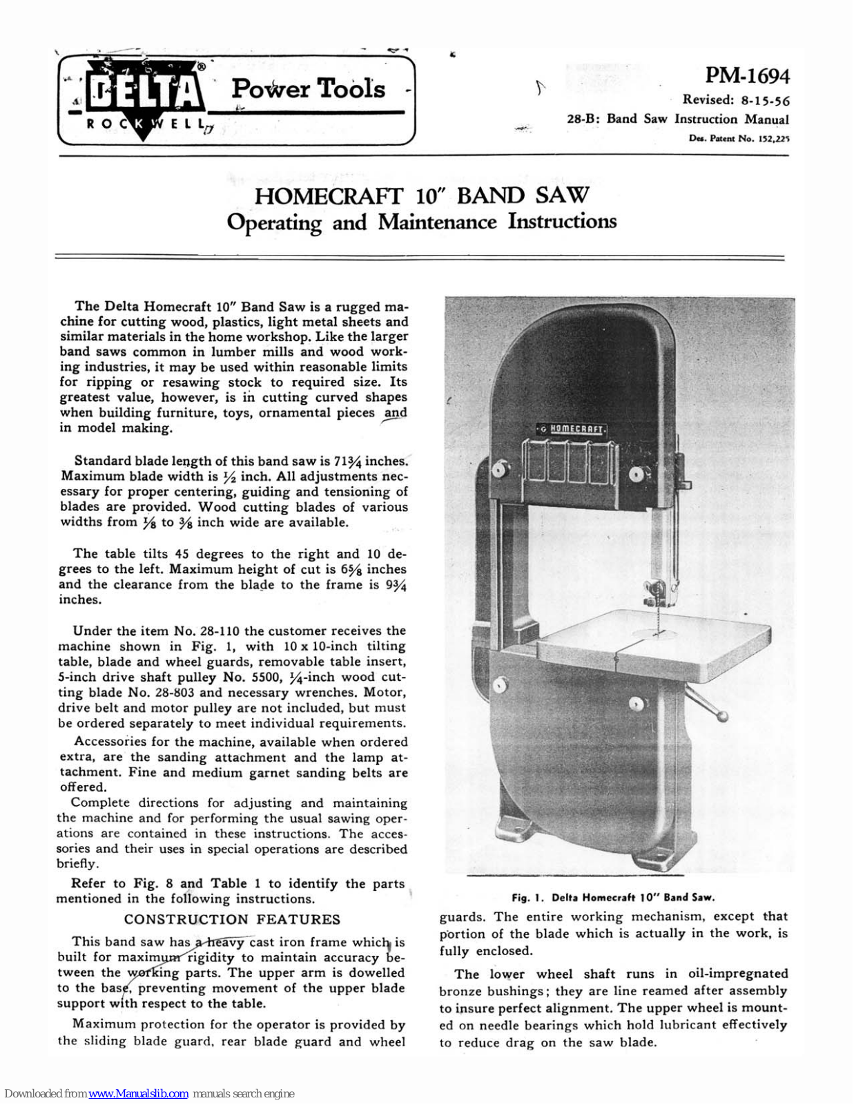 Delta Homecraft PM-1694 Operating And Maintenance Instructions Manual