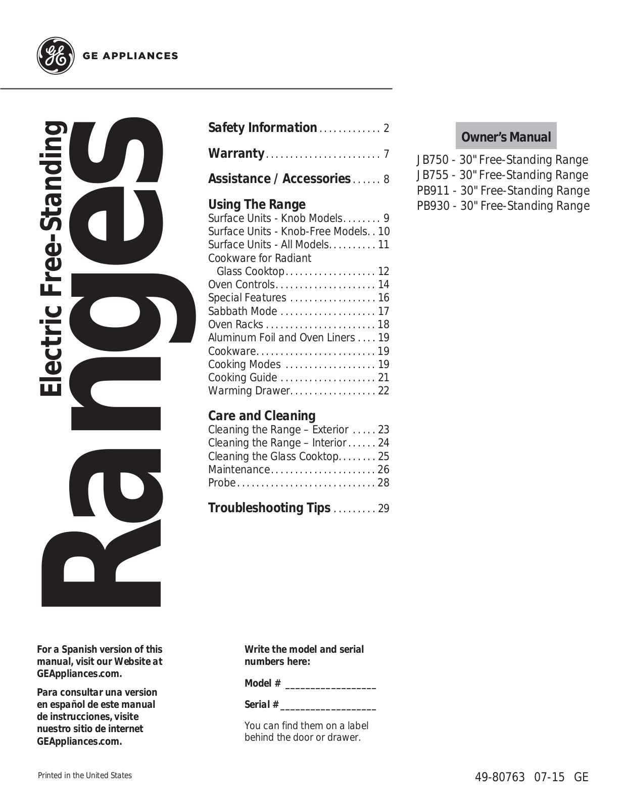 Ge JB750, PB911, PB930, JB755 User Manual