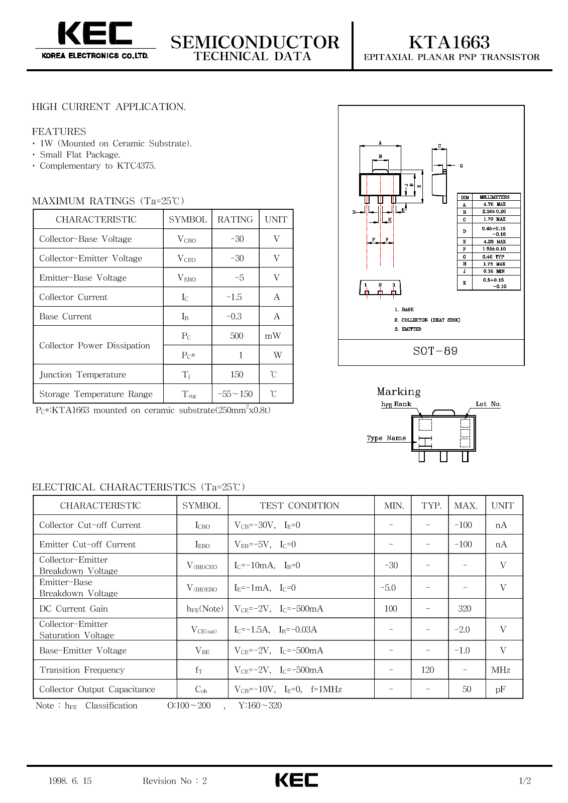 KEC KTA1663 Datasheet