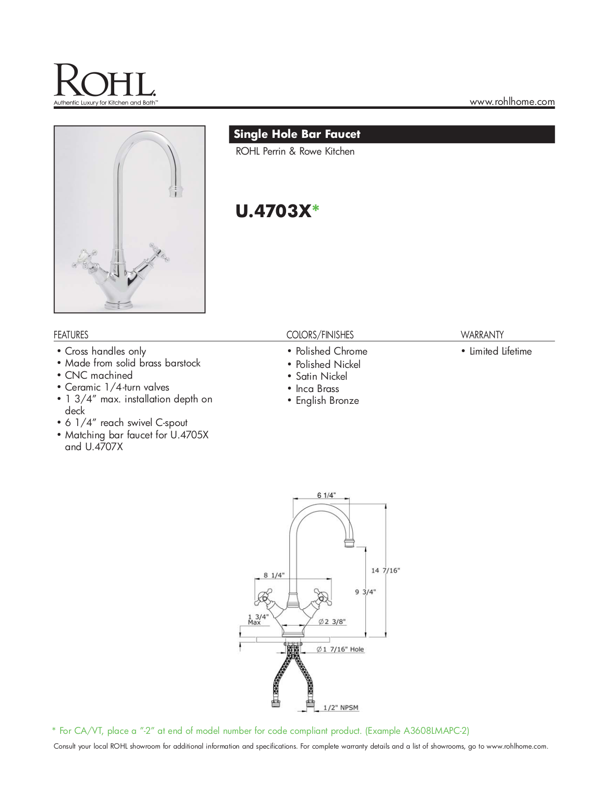 Rohl U4703XSEG2 Specifications