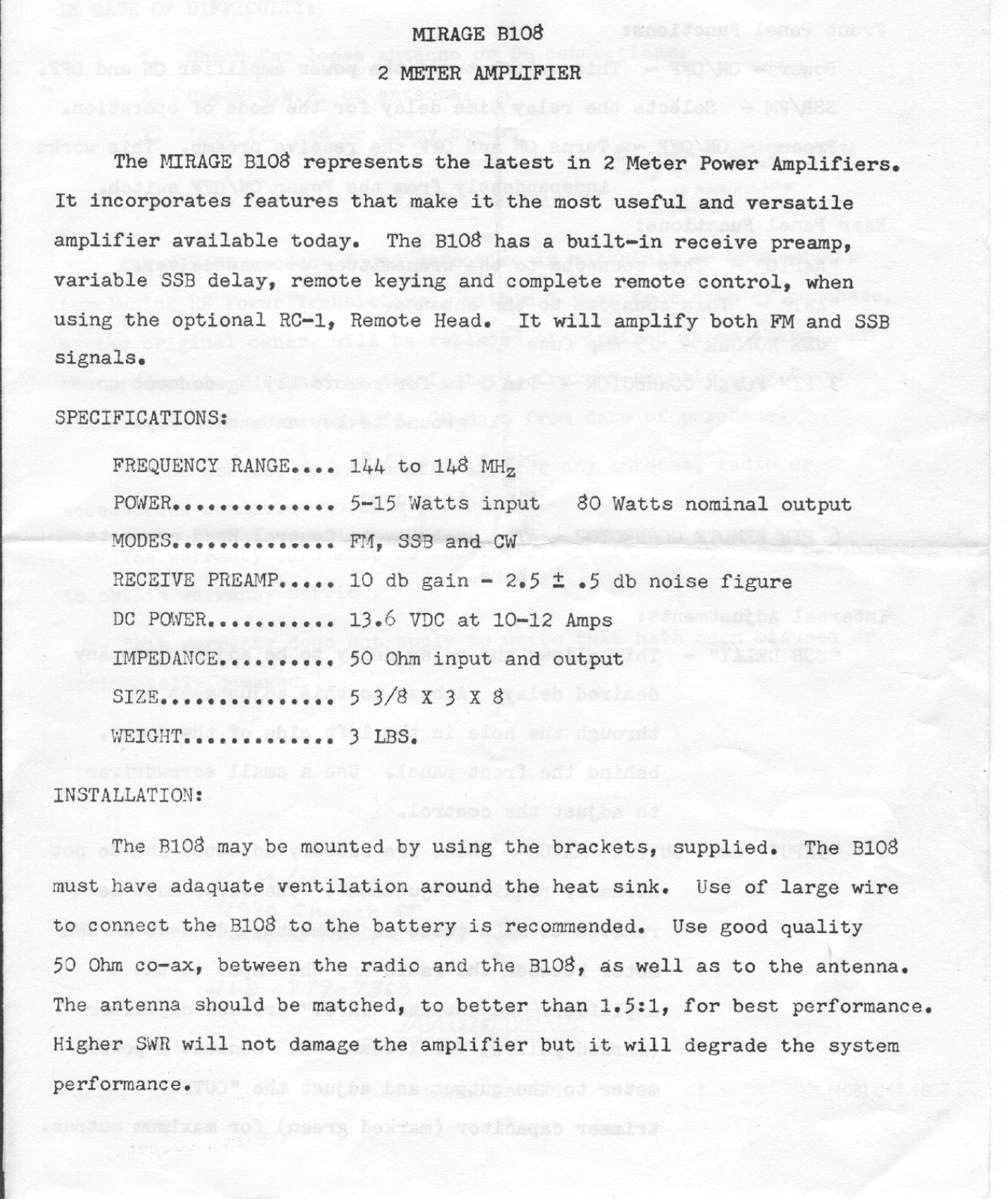 Mirage B108 Service manual