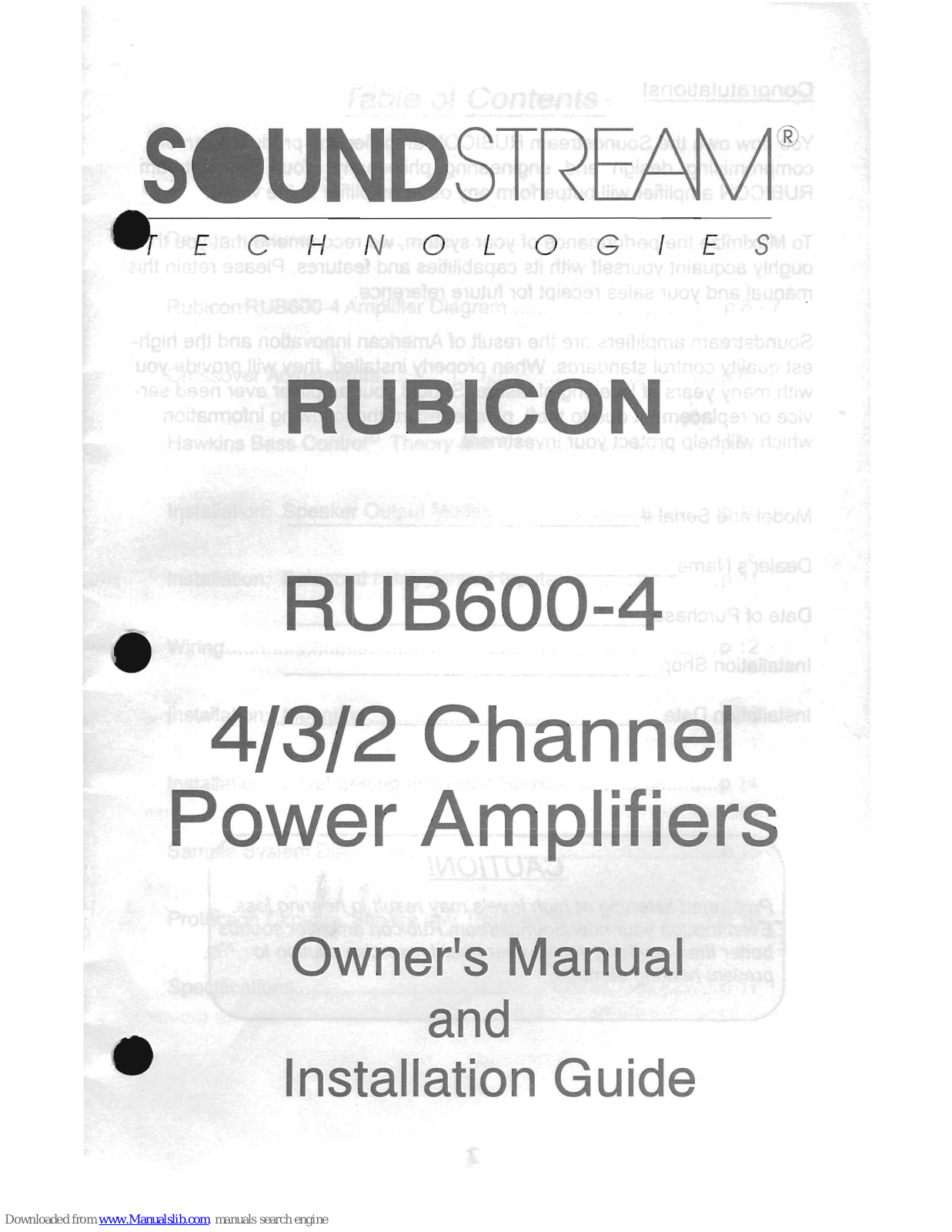 Soundstream Rubicon RUB600-4 Owner's Manual And Installation Manual