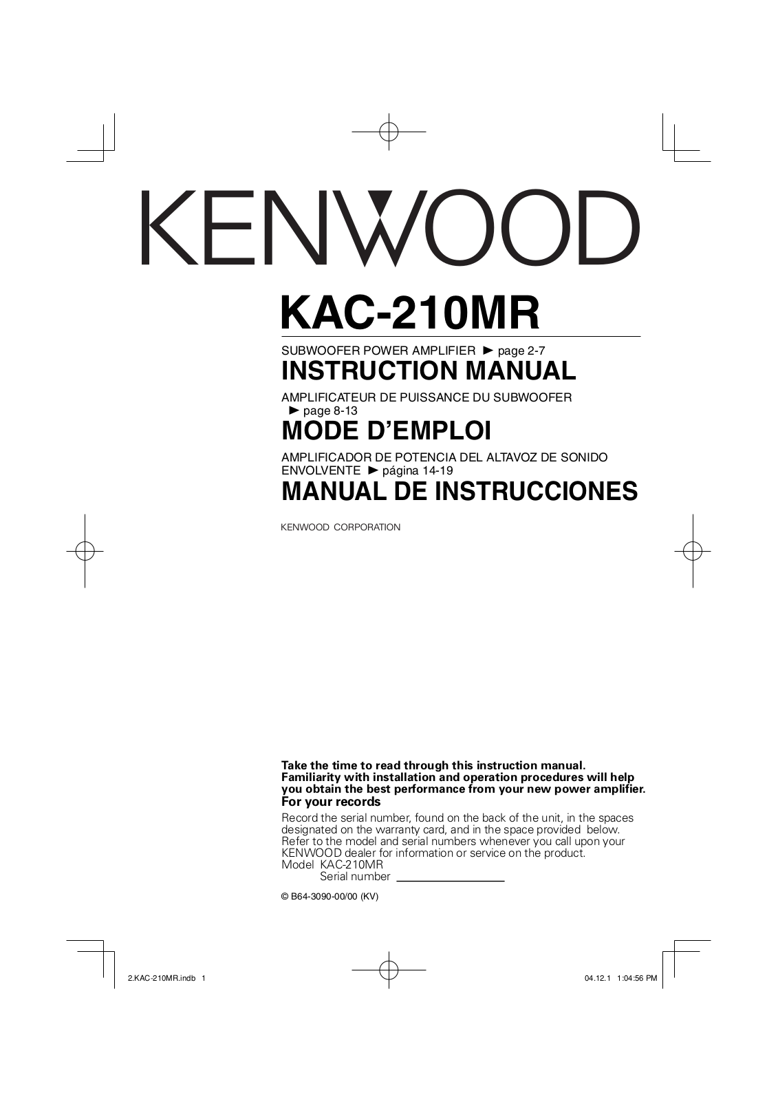 Kenwood KAC-210MR User Manual