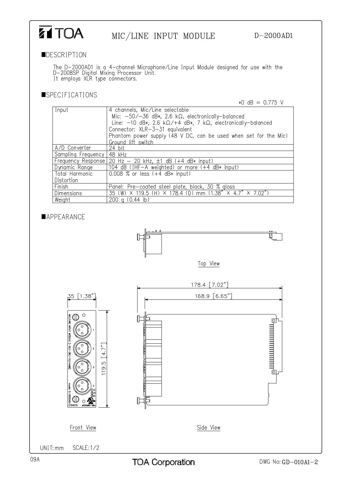 TOA D-2000AD1, D-2000DA1 User Manual