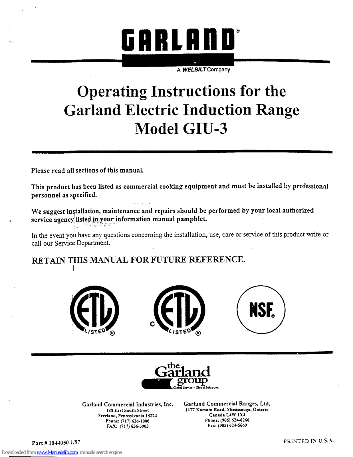 Garland GIU-3 Operating Instructions Manual