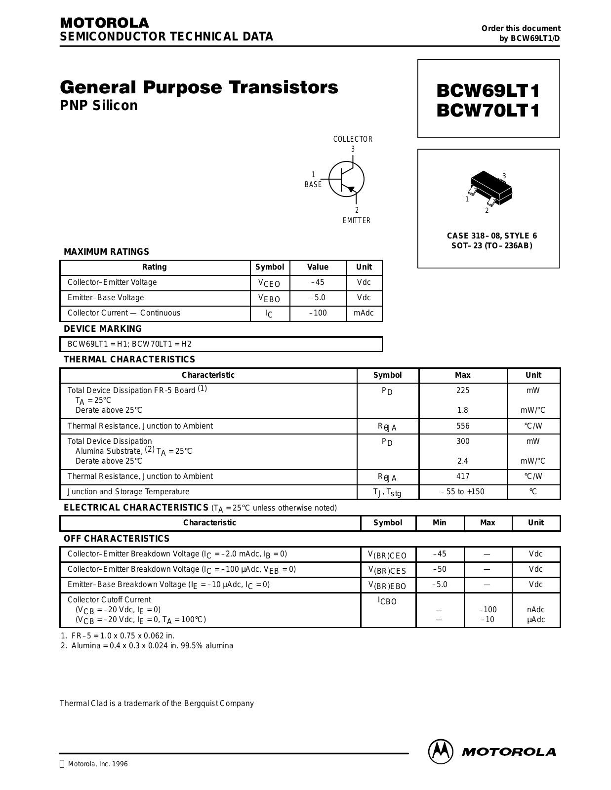 Motorola BCW69LT1, BCW70LT1 Datasheet