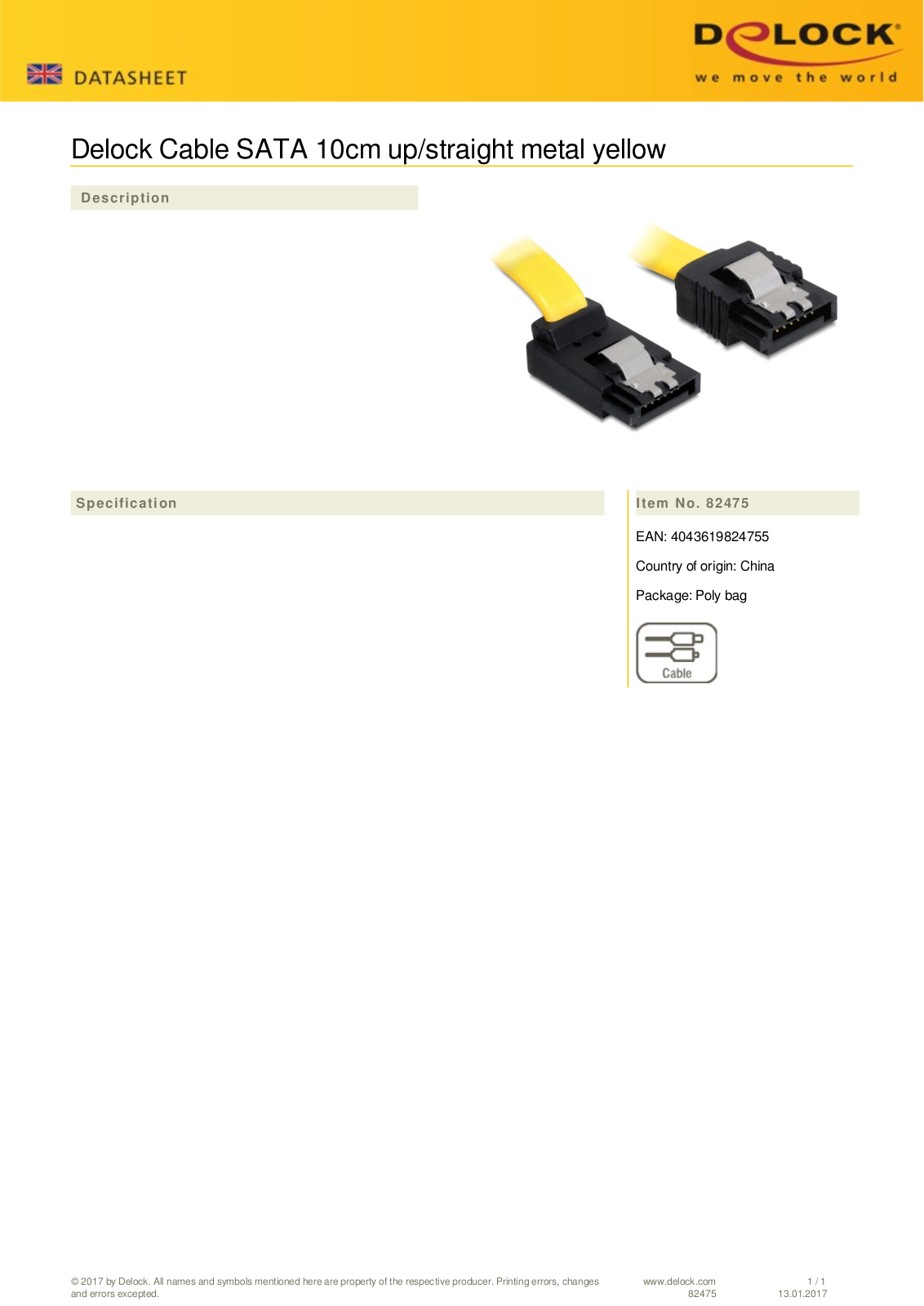 DeLOCK SATA Kabel gelb 0.1m mit Arretierung User Manual