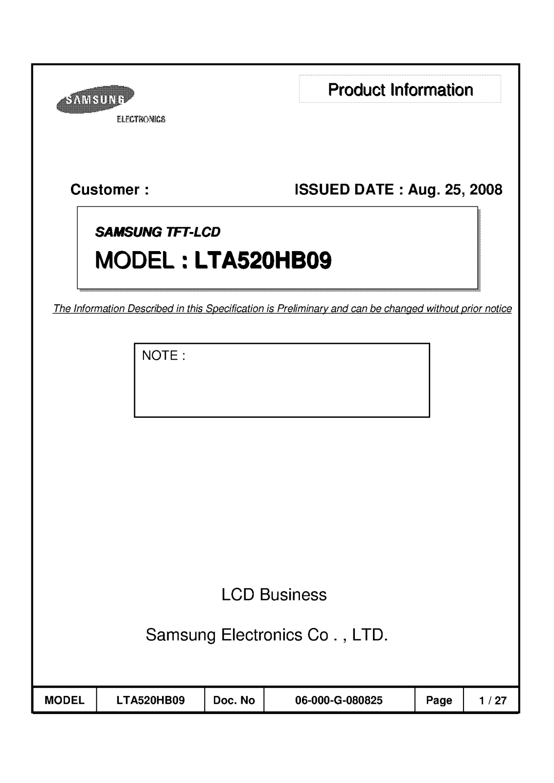 SAMSUNG LTA520HB09 Specification