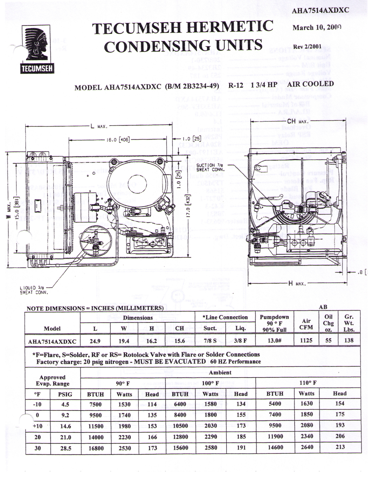 Tecumseh AHA7514AXDXC Performance Data Sheet