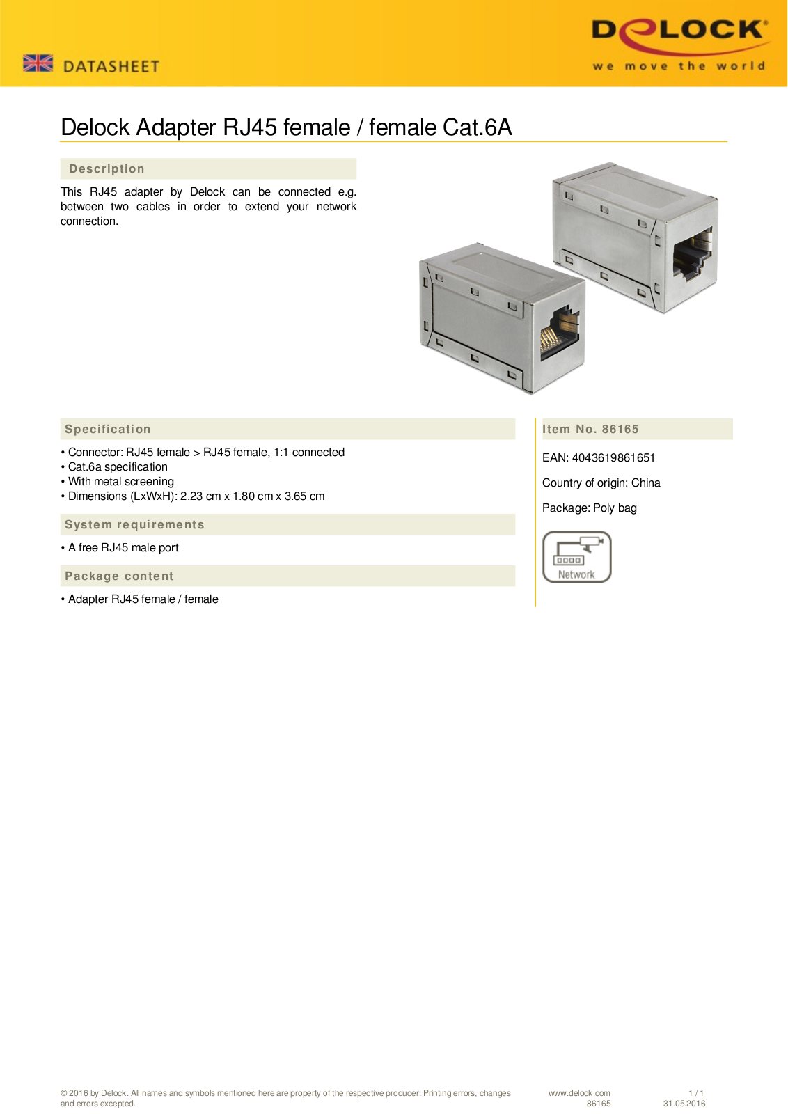 DeLOCK Patchkabelkupplung 2x RJ-45 socket Cat6A User Manual