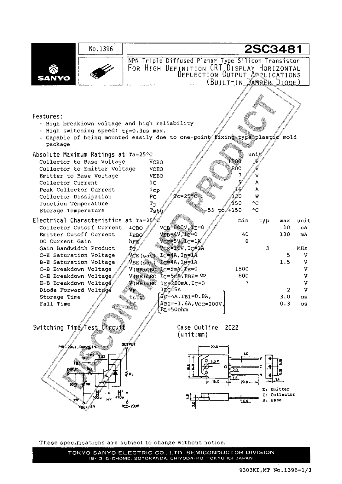 Sanyo 2SC3481 Specifications