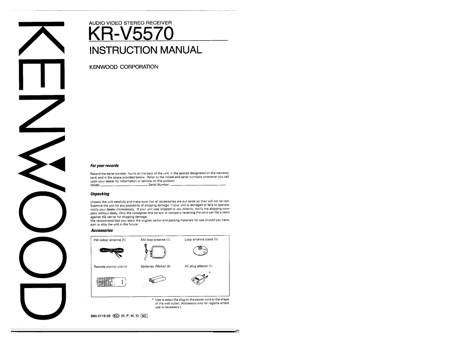 Kenwood KR-V5570 Owner's Manual