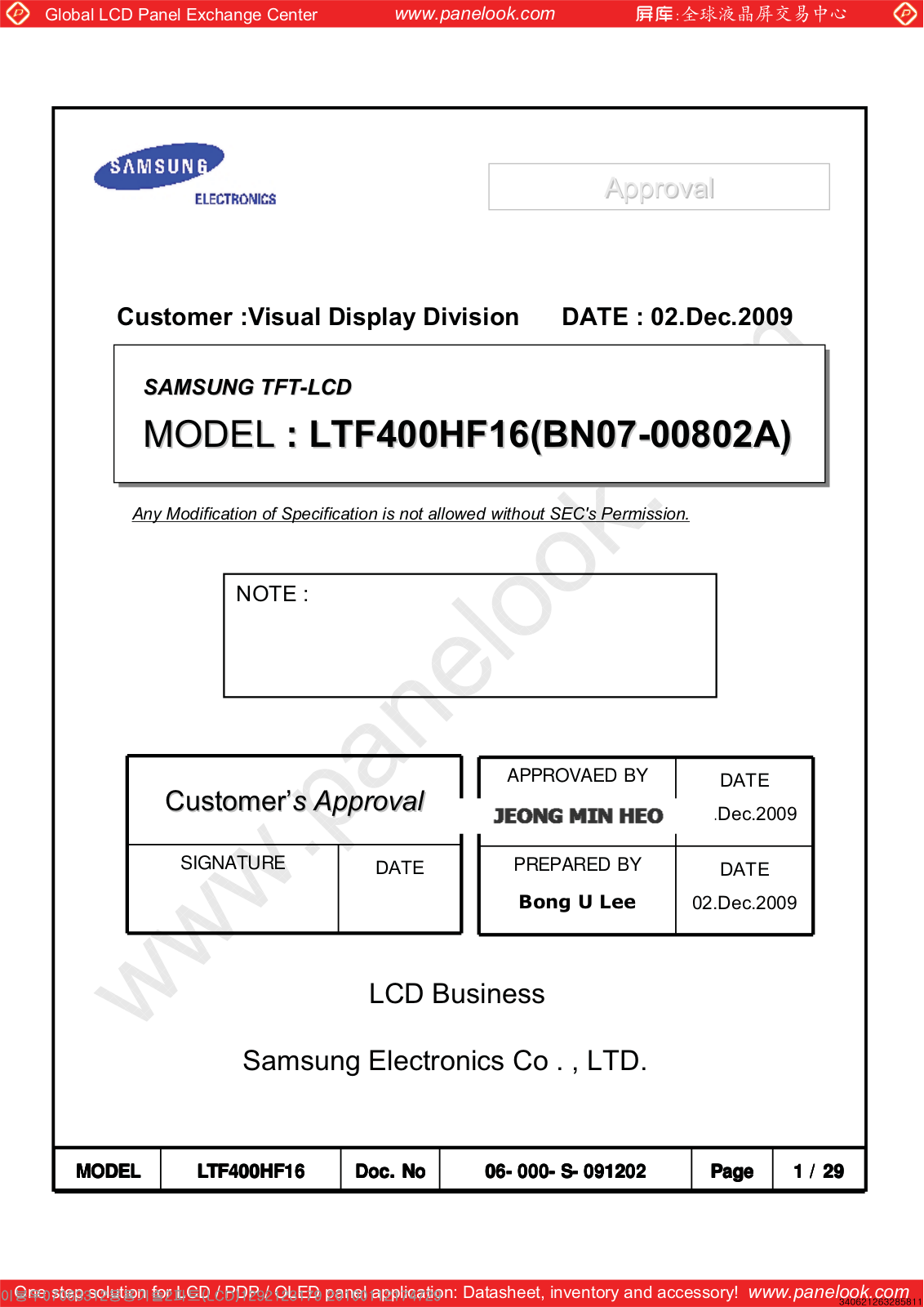 SAMSUNG LTF400HF16 Specification