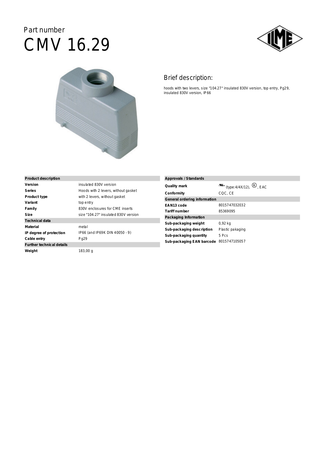 ILME CMV-16.29 Data Sheet