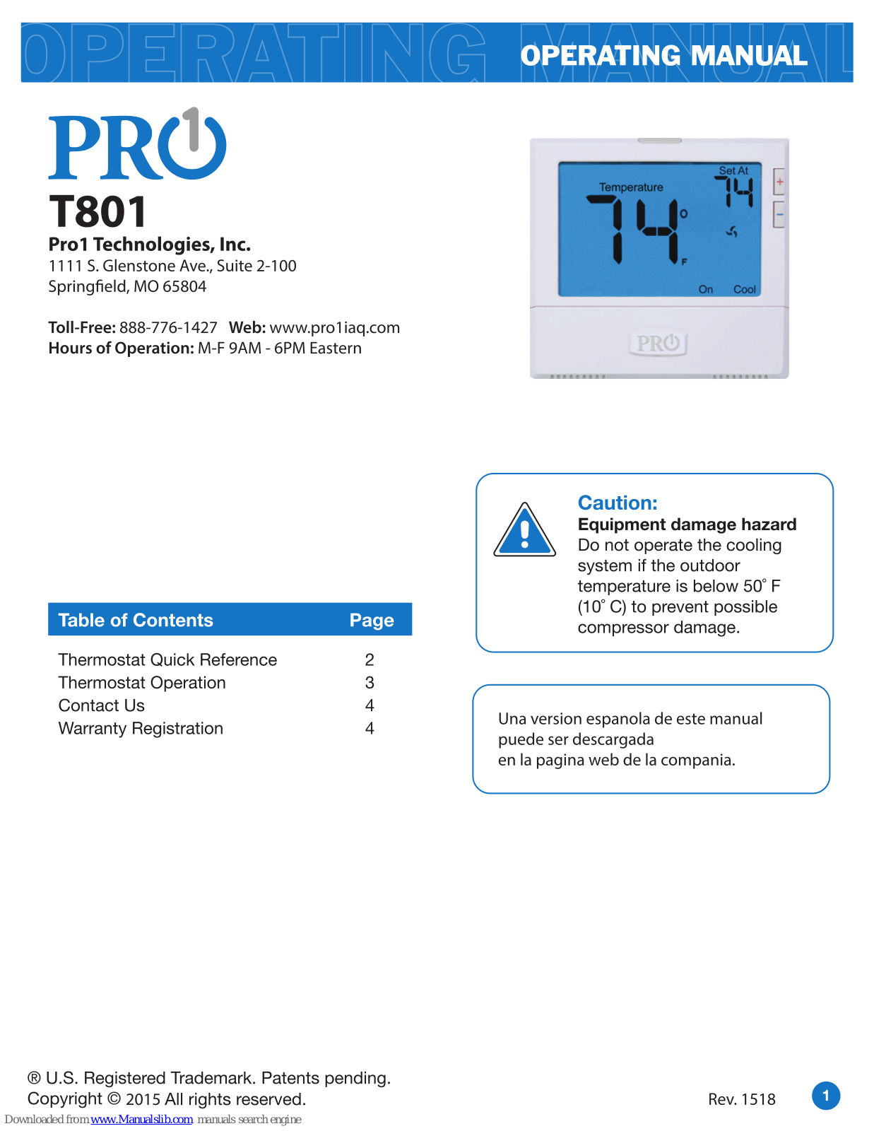 Pro1 Technologies T801 Operating Manual - ManualMachine.com
