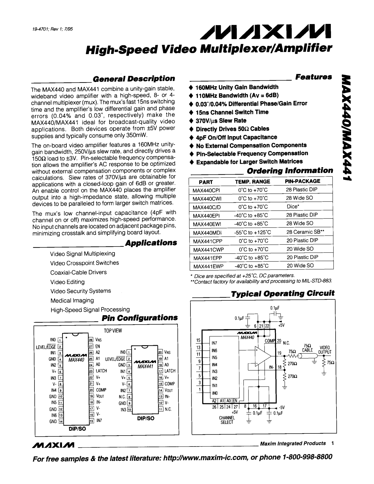 Maxim MAX441EWP, MAX441EPP, MAX441CWP, MAX441CPP, MAX440MDI Datasheet